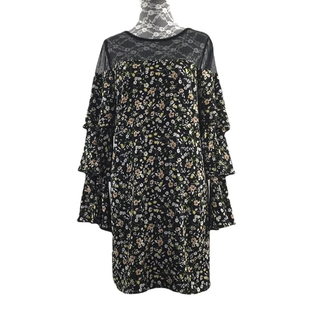 Nicole Miller Black Floral Shift Mini Dress Womens 2 Ruffle Bell Sleeve